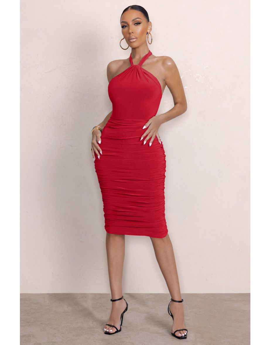 Red halter neck midi on sale dress