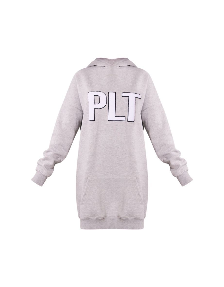PRETTYLITTLETHING Grey Marl Borg Slogan Jumper Dress - 4