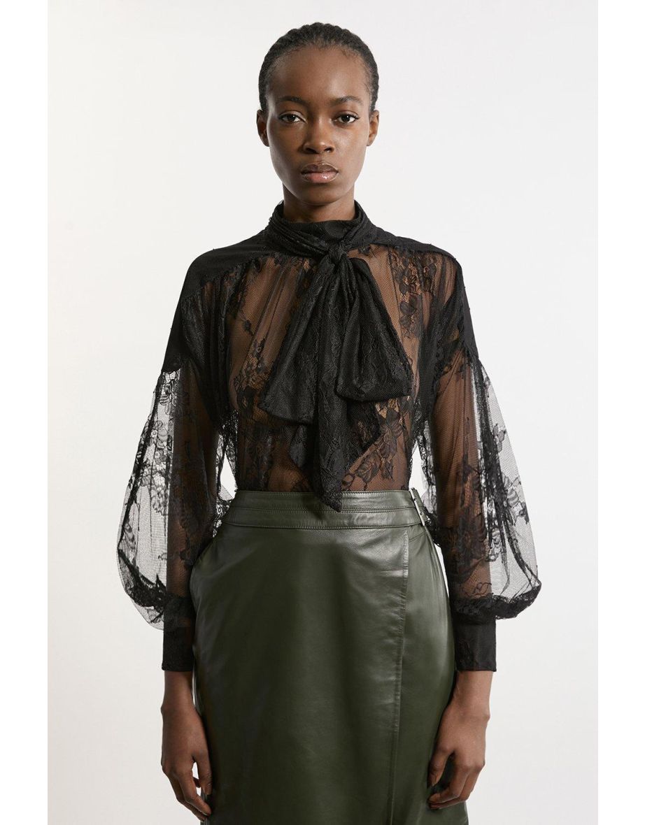 Tall Sheer Lace Balloon Sleeve Bow Detail Blouse