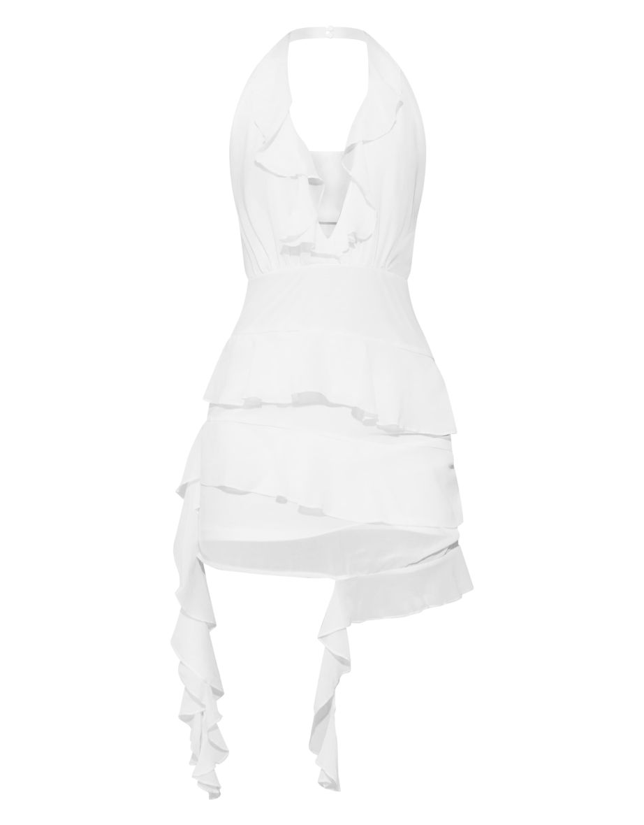 White Chiffon Frill Detail Drape Halter Neck Mini Dress - 4