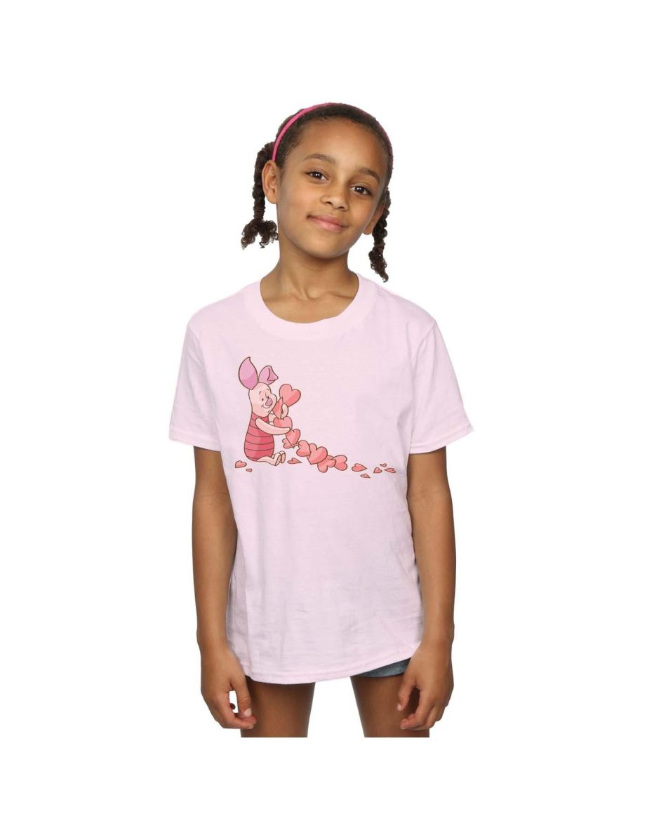 Disney Girls Winnie The Pooh Piglet Chain Of Hearts Cotton T-Shirt - Pink