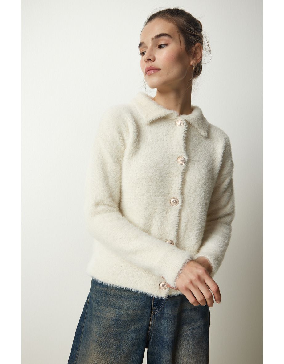Women's Cream Stylish Buttoned Bearded Knitwear Cardigan