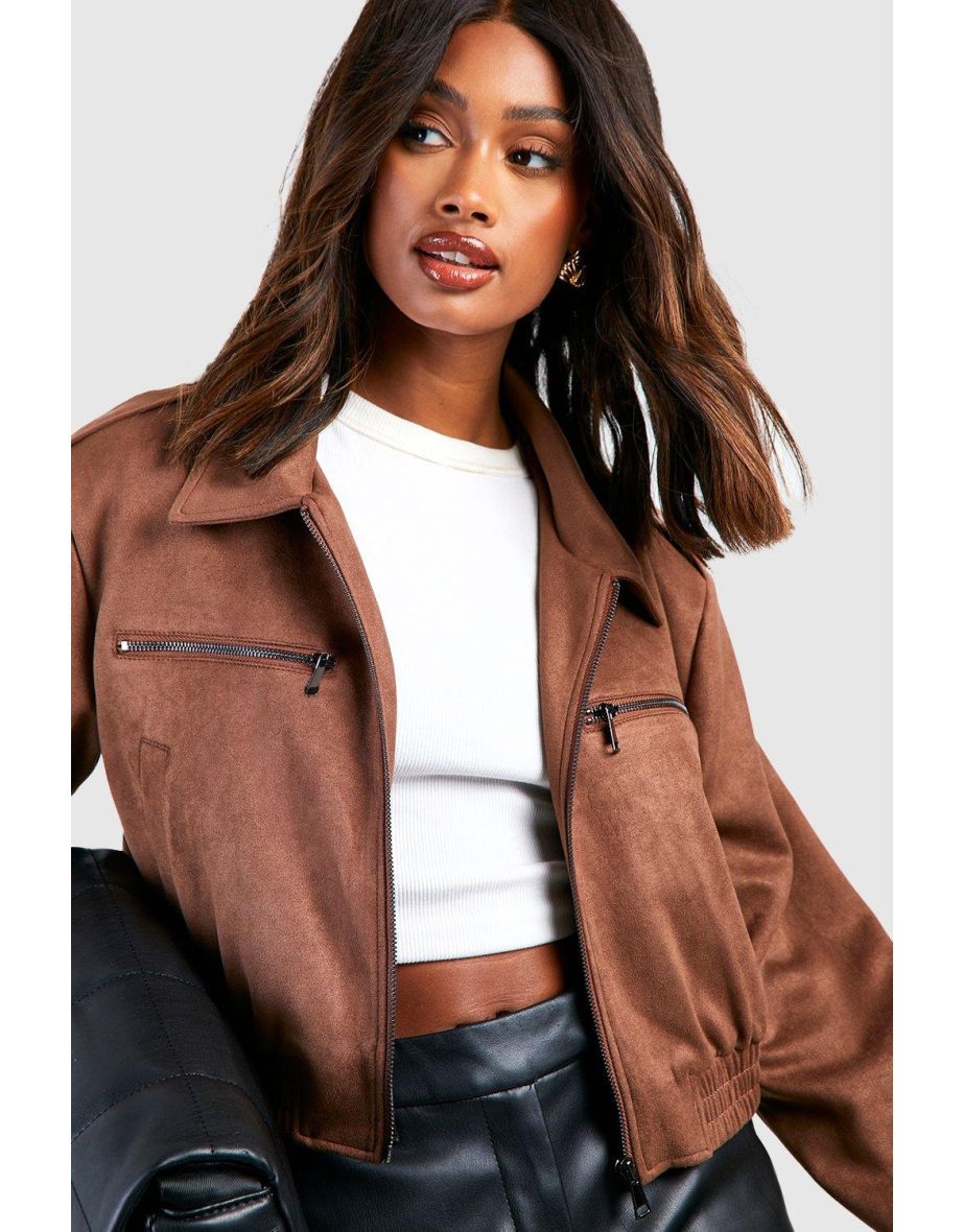 Crop Faux Suede Jacket - chocolate - 3