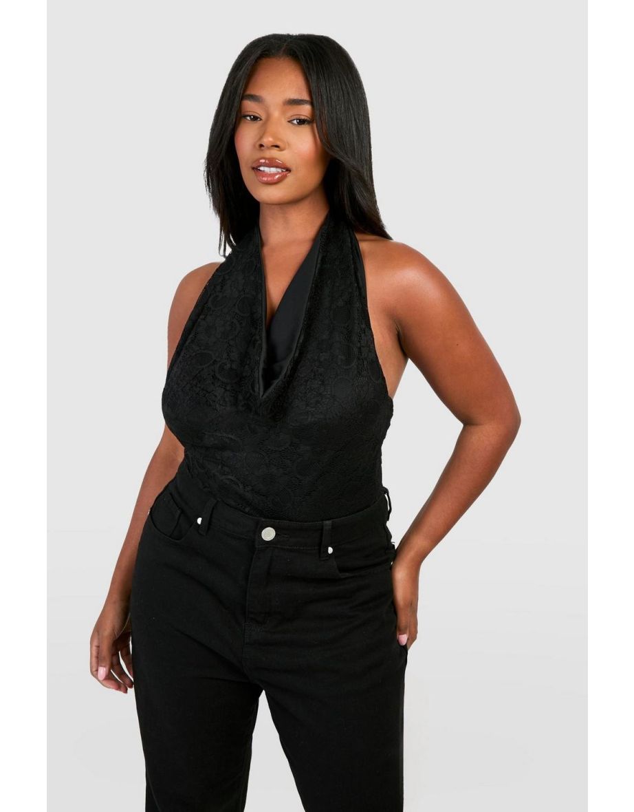 Plus Lace Halter Neck Bodysuit - black