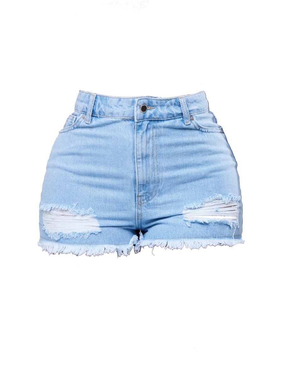 PRETTYLITTLETHING Shape Light Blue Wash Ripped Hem Denim Shorts - 4