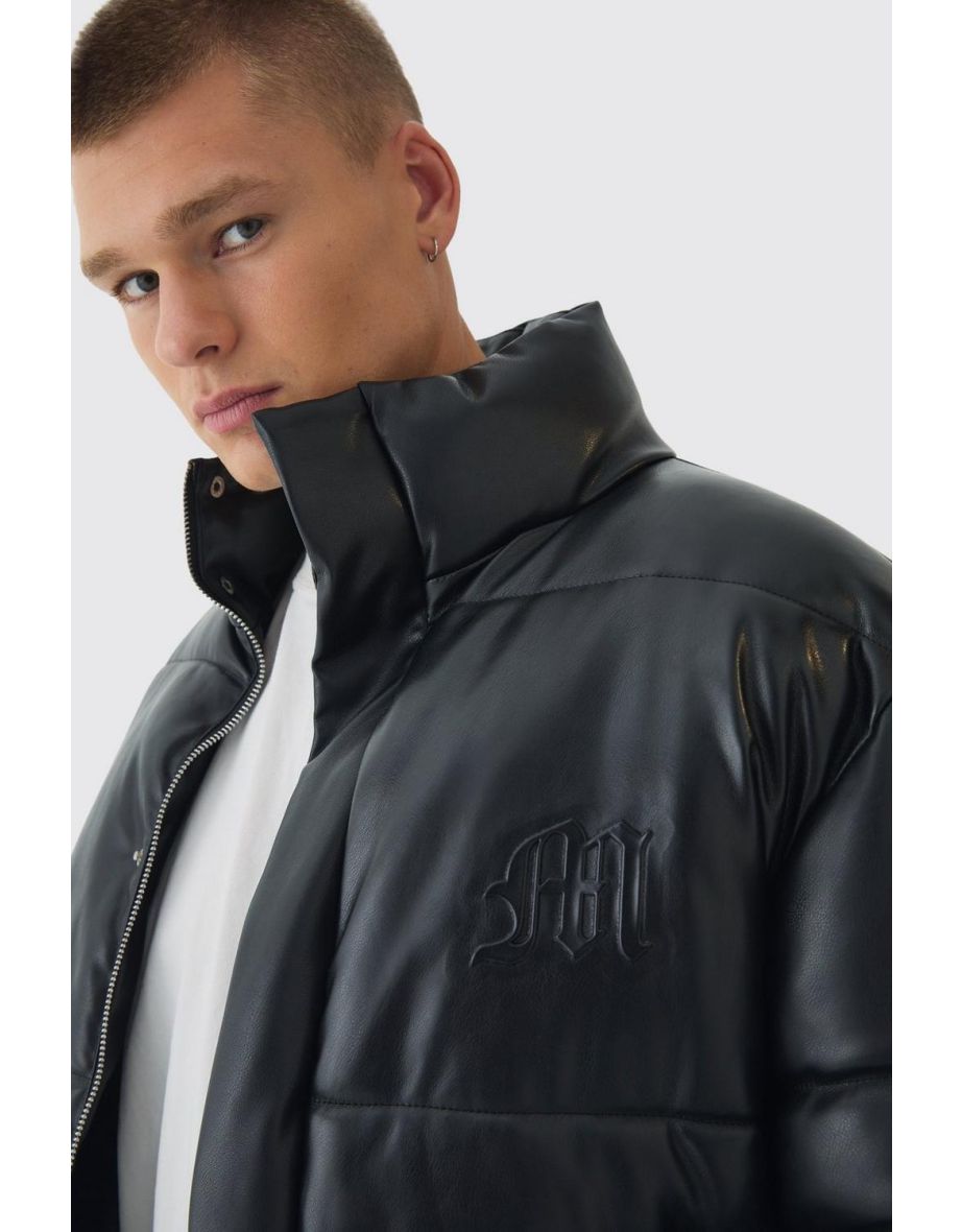 Embossed Logo Pu Funnel Neck Puffer In Black - black - 2