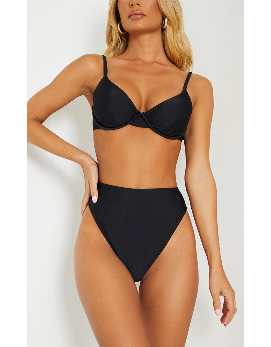 Shop Black Mix Match Recycled Fabric High Waisted High Leg Bikini Bottoms Online in Oman VogaCloset