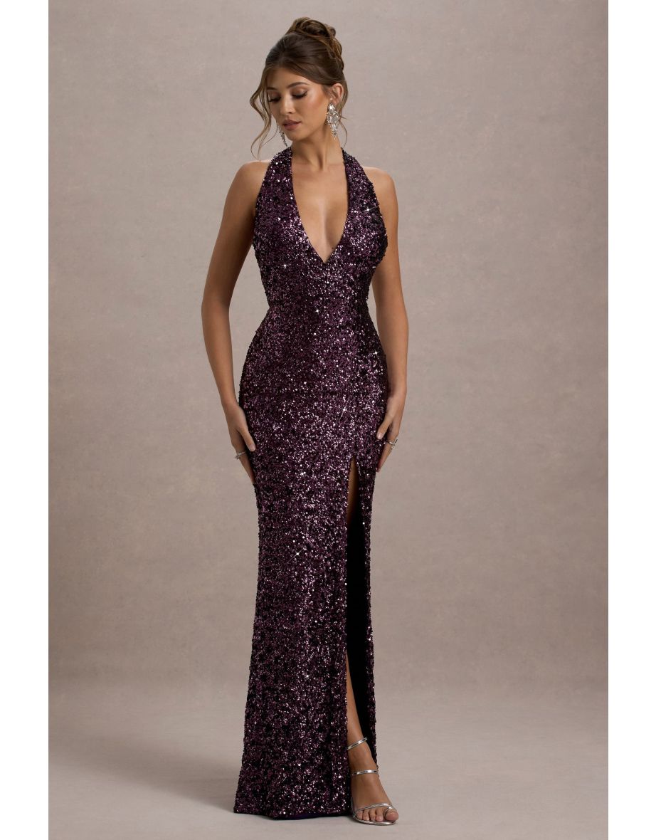 Superstition | Plum Sequin Plunge-Neck Split Maxi Dress - 6