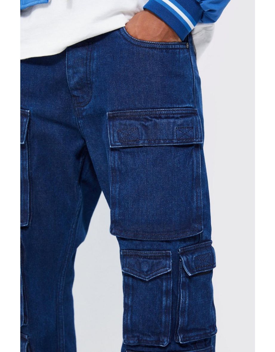 Relaxed Fit Washed Multi Pocket Cargo Jeans - indigo - 2