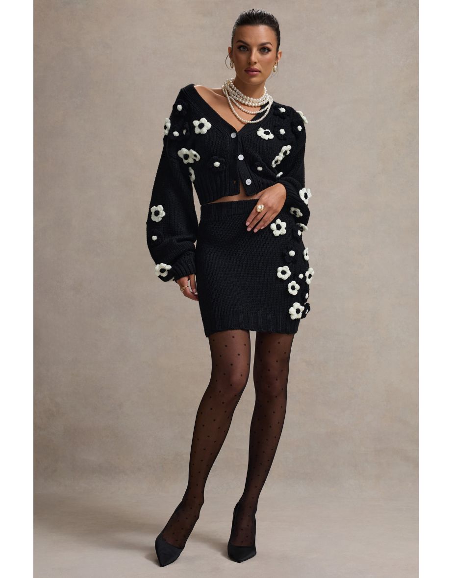 Louvre | Black & White Knit Cropped Floral Cardigan - 7