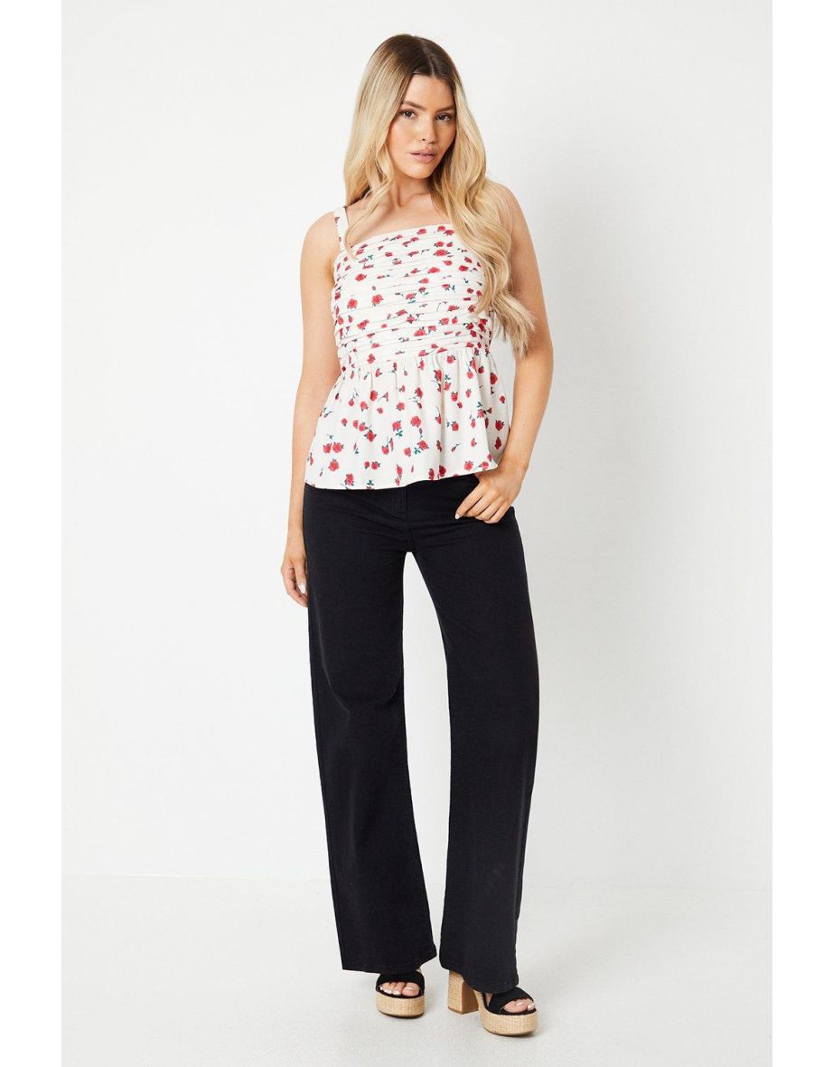 Floral Pintuck Shirred Back Strappy Top