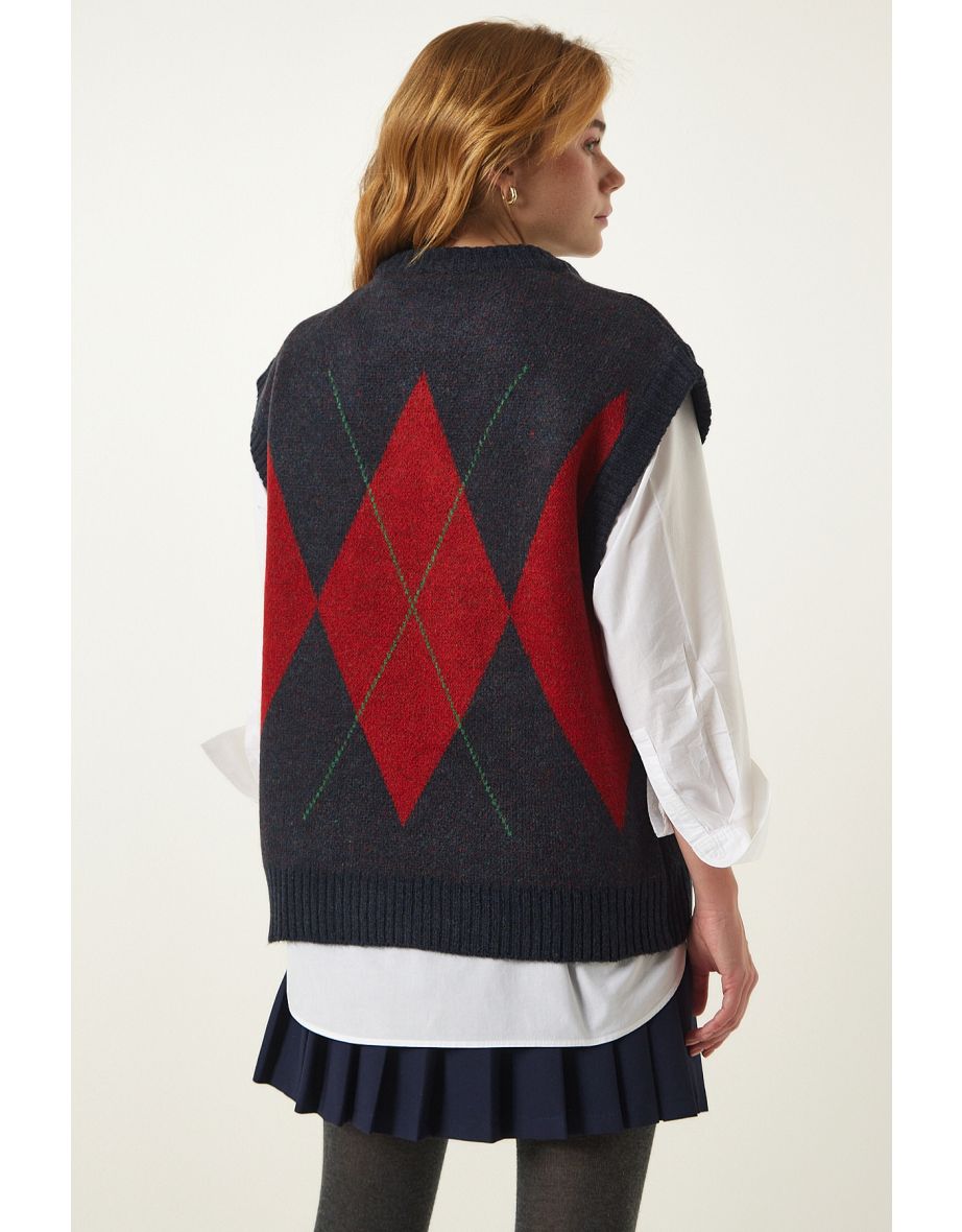Women's Navy Blue Red Diamond Patterned Knitwear Sweater - 6