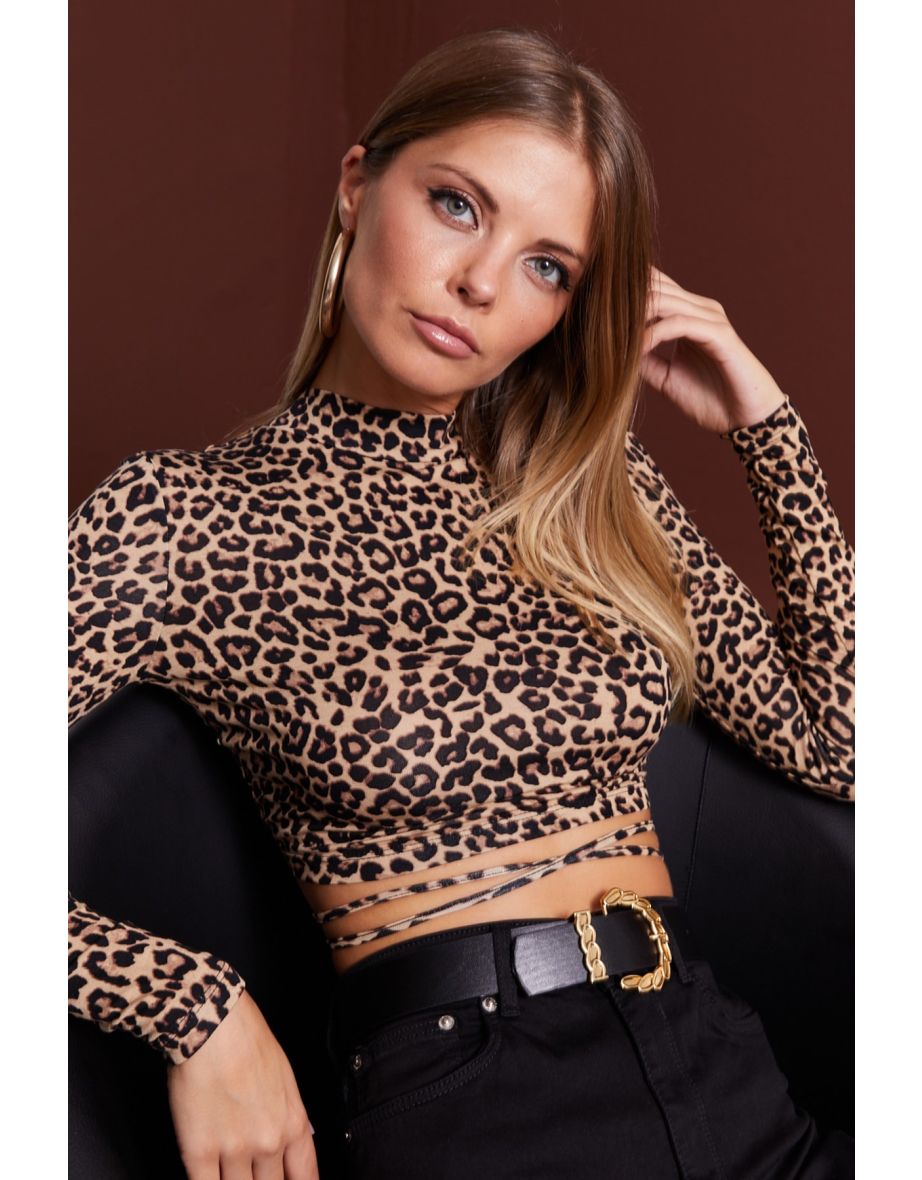 Women's Camel Decollete Leopard Patterned Crop Blouse - 1