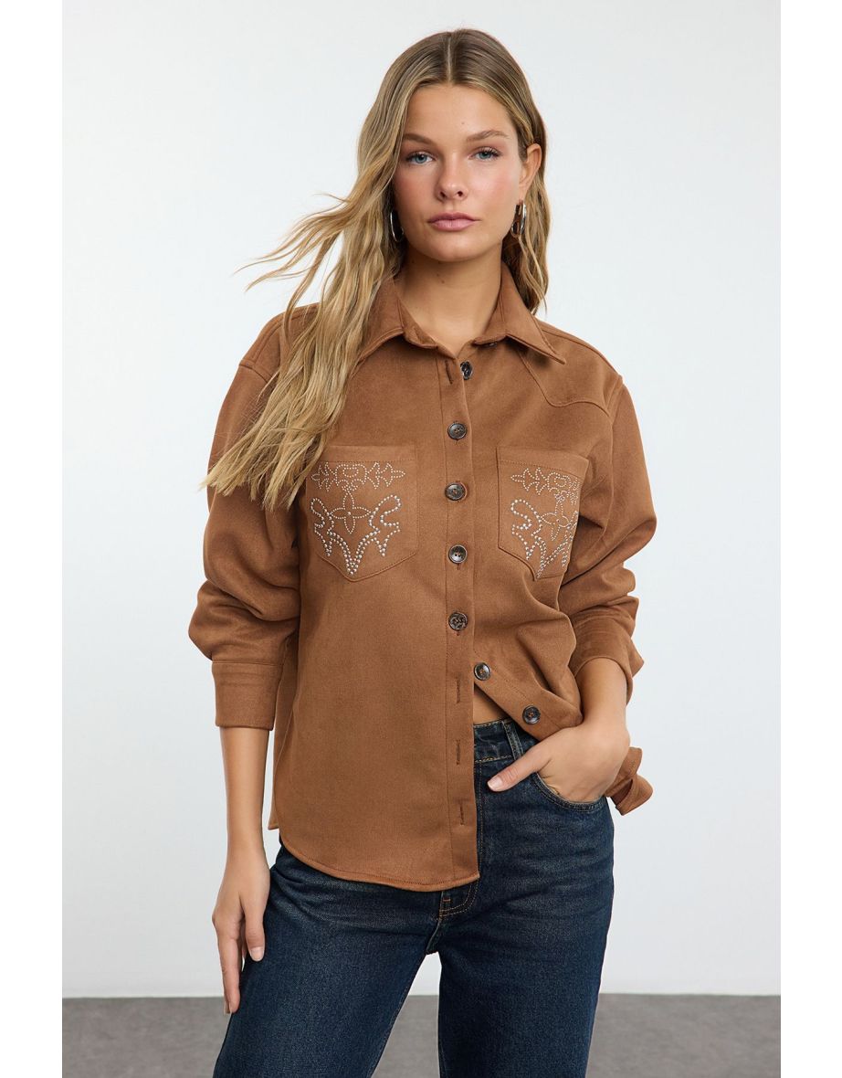 Light Brown Stone Detailed Suede Fabric Oversize Wide Pattern Woven Shirt