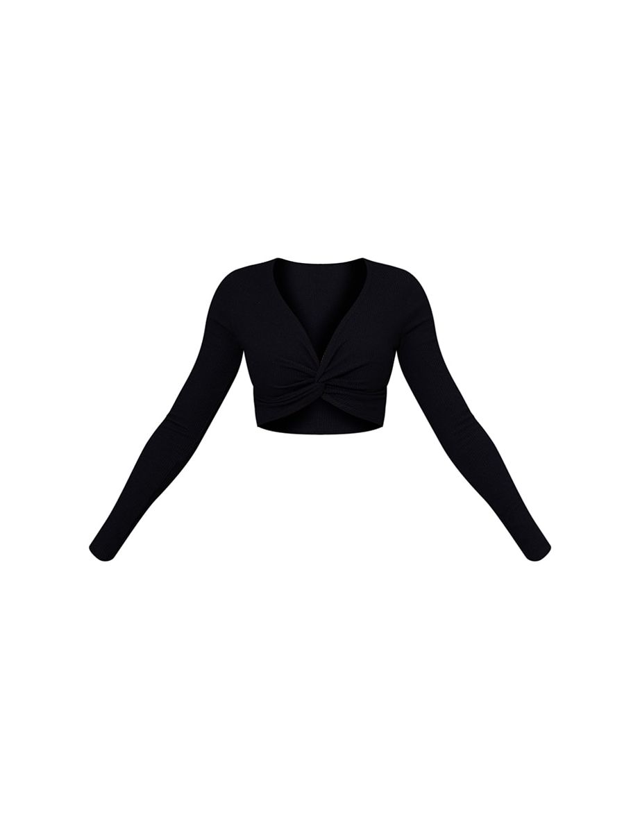 Black Textured Rib Twist Front Long Sleeve Crop Top - 4