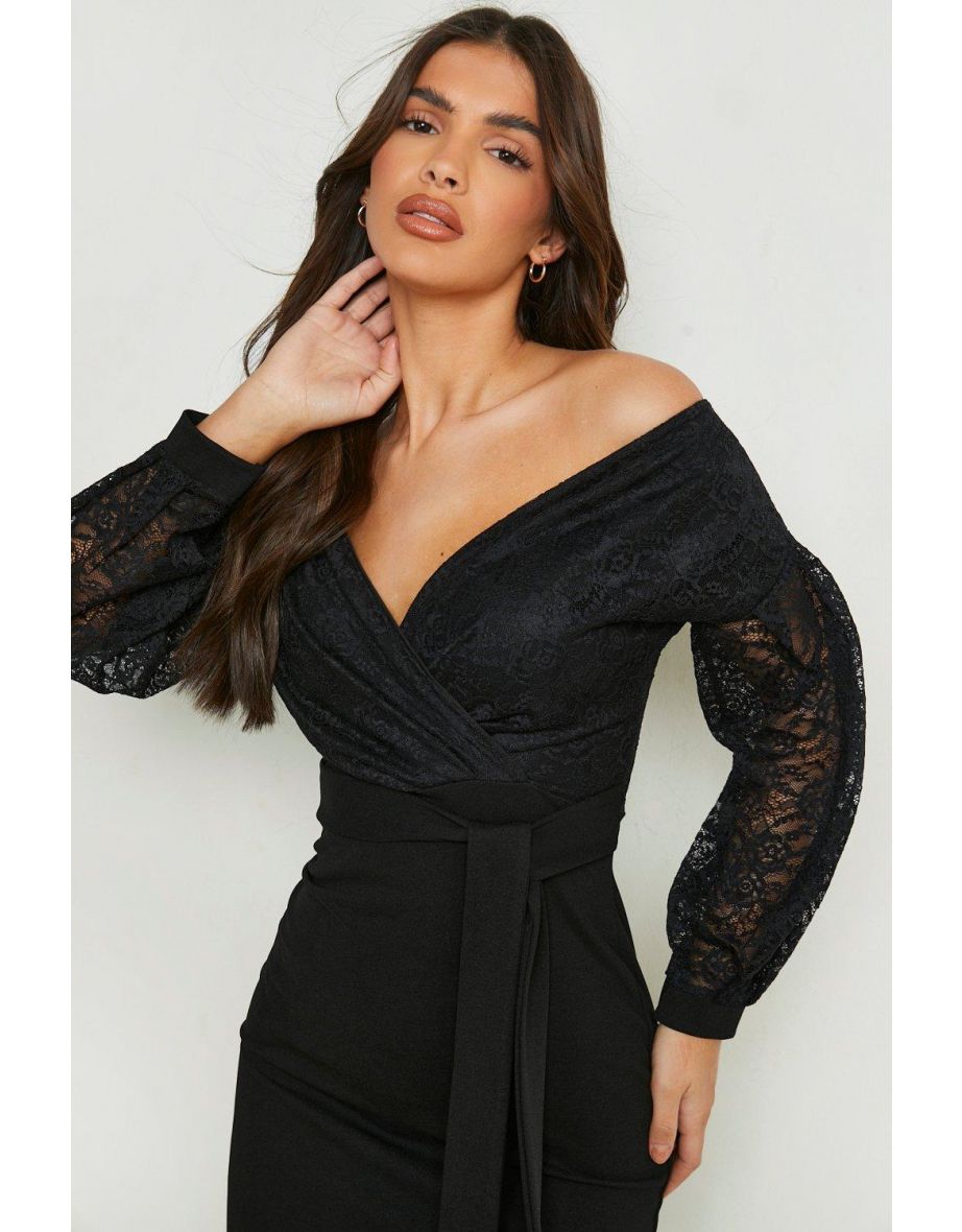 Lace Off The Shoulder Wrap Midi Dress - black - 3