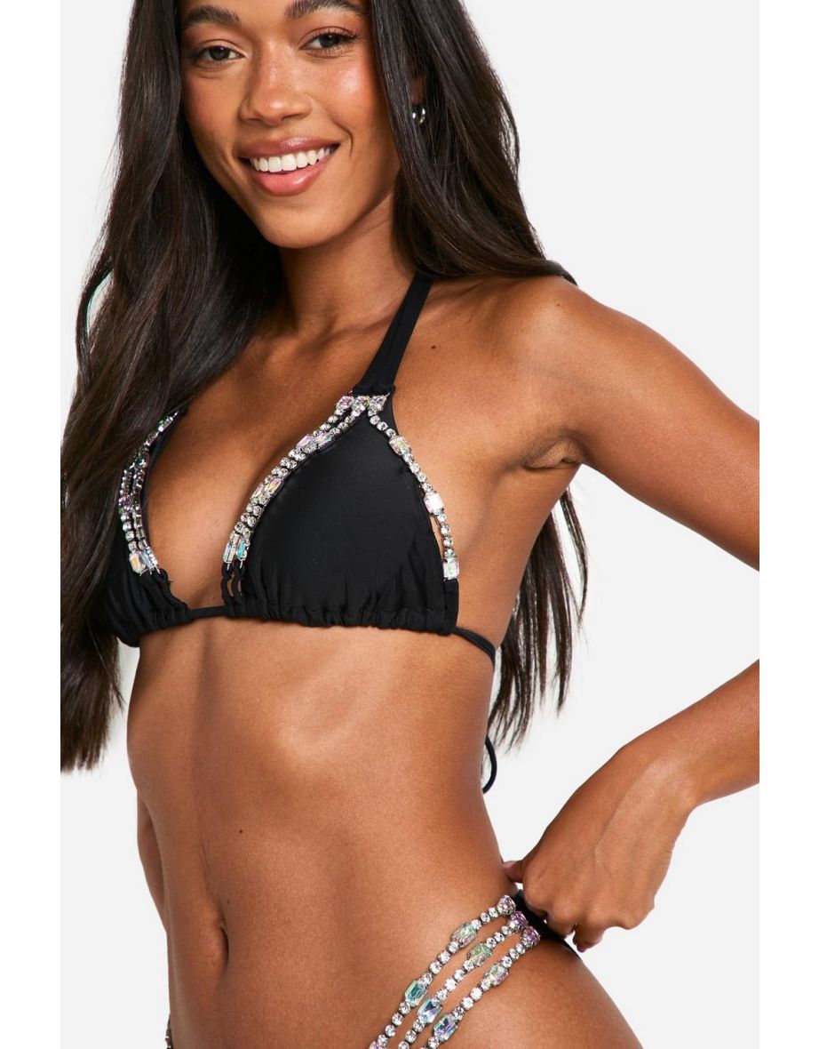 Diamante Trim Triangle Bikini Set - black - 2