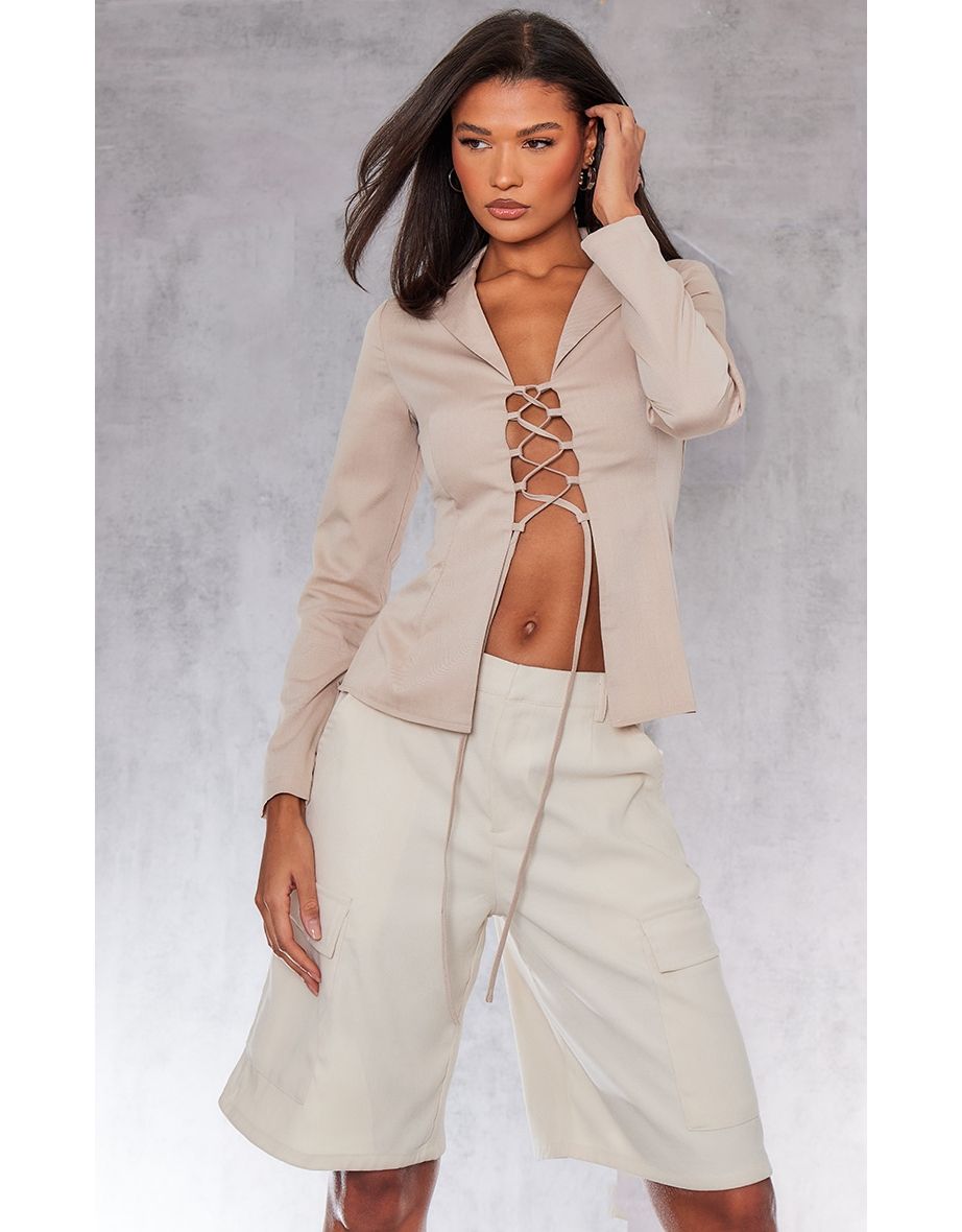 Stone Woven Lace Up Front Shirt