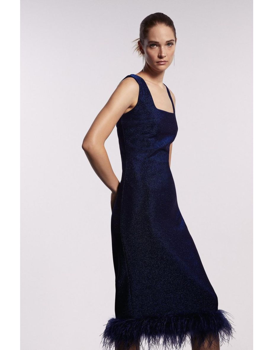 Glitter Scuba Feather Hem Dress