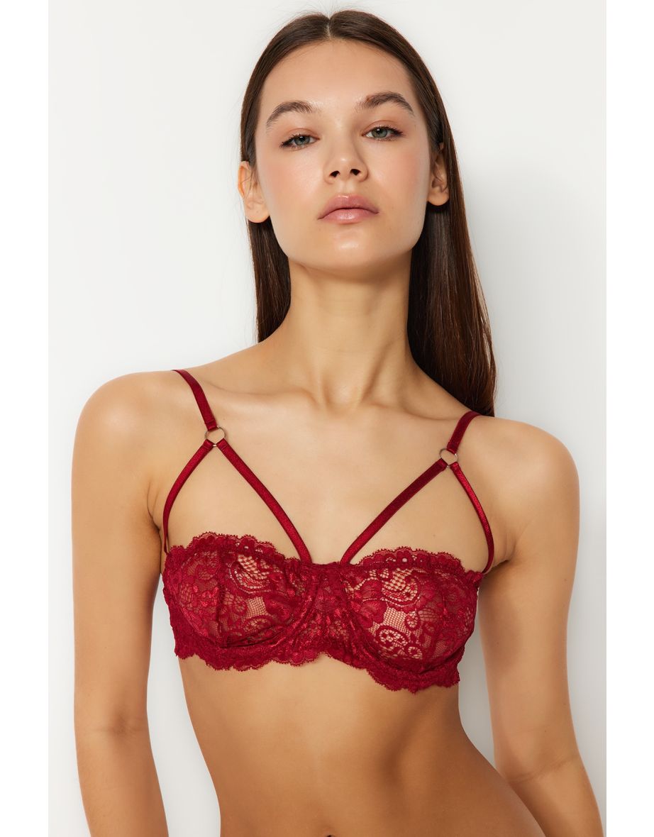 Red Lace Piping Underwire Coverless Balconette Bra