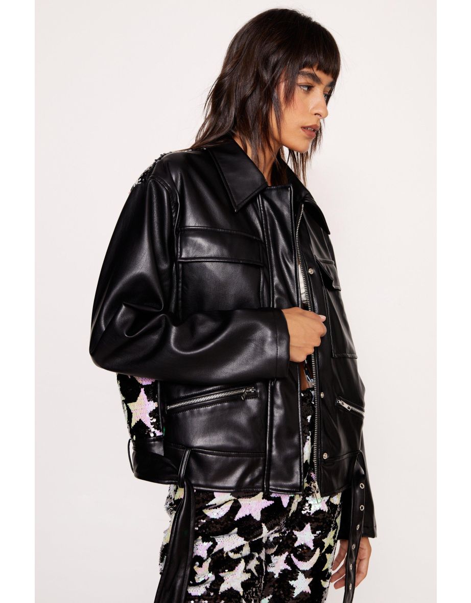 Star And Moon Sequin Faux Leather Biker Jacket - 3