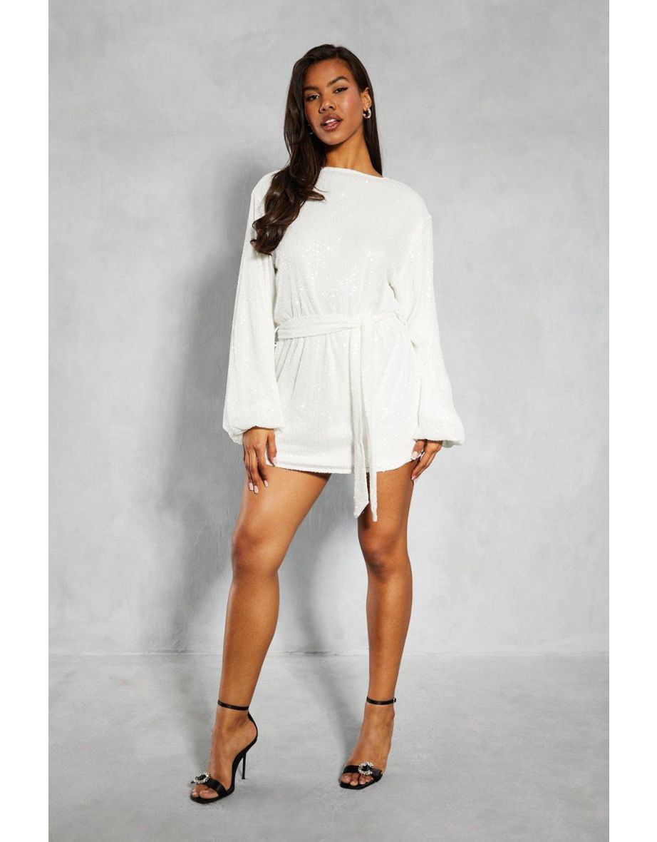 Sequin Belted Long Sleeve Swing Mini Dress