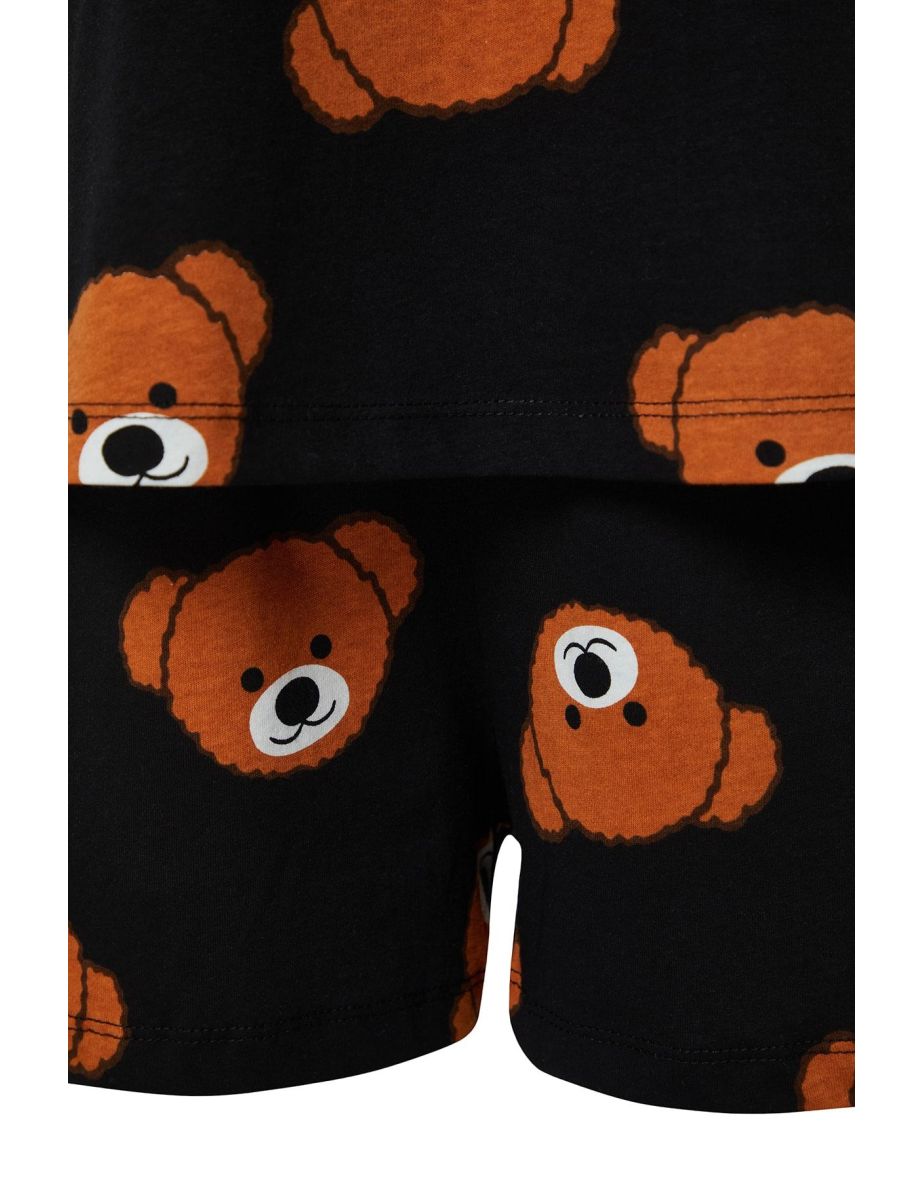 Black 100% Cotton Teddy Bear Printed T-shirt-Shorts and Knitted Pajamas Set - 5