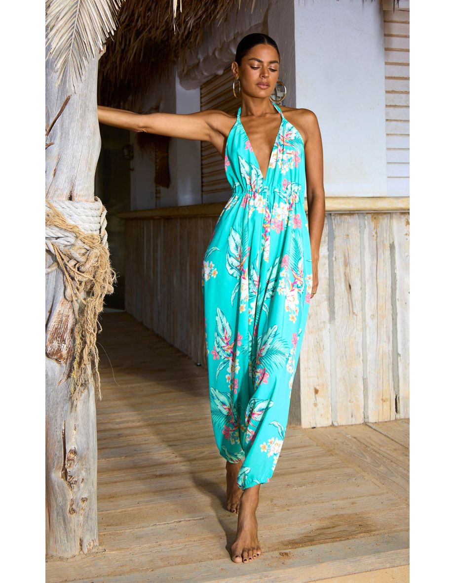 Genie Jumpsuit In Green Tropical