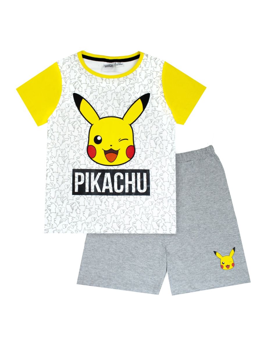 Pokemon Boys Pikachu Face Short Pyjamas Set - Marl Grey/Yellow