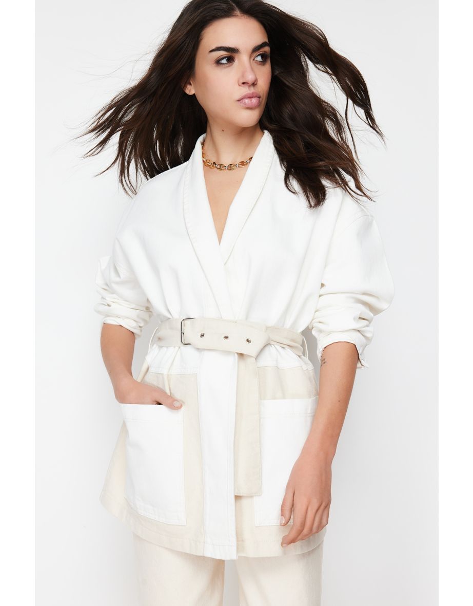 White Color Block Belted Oversize Denim Jacket