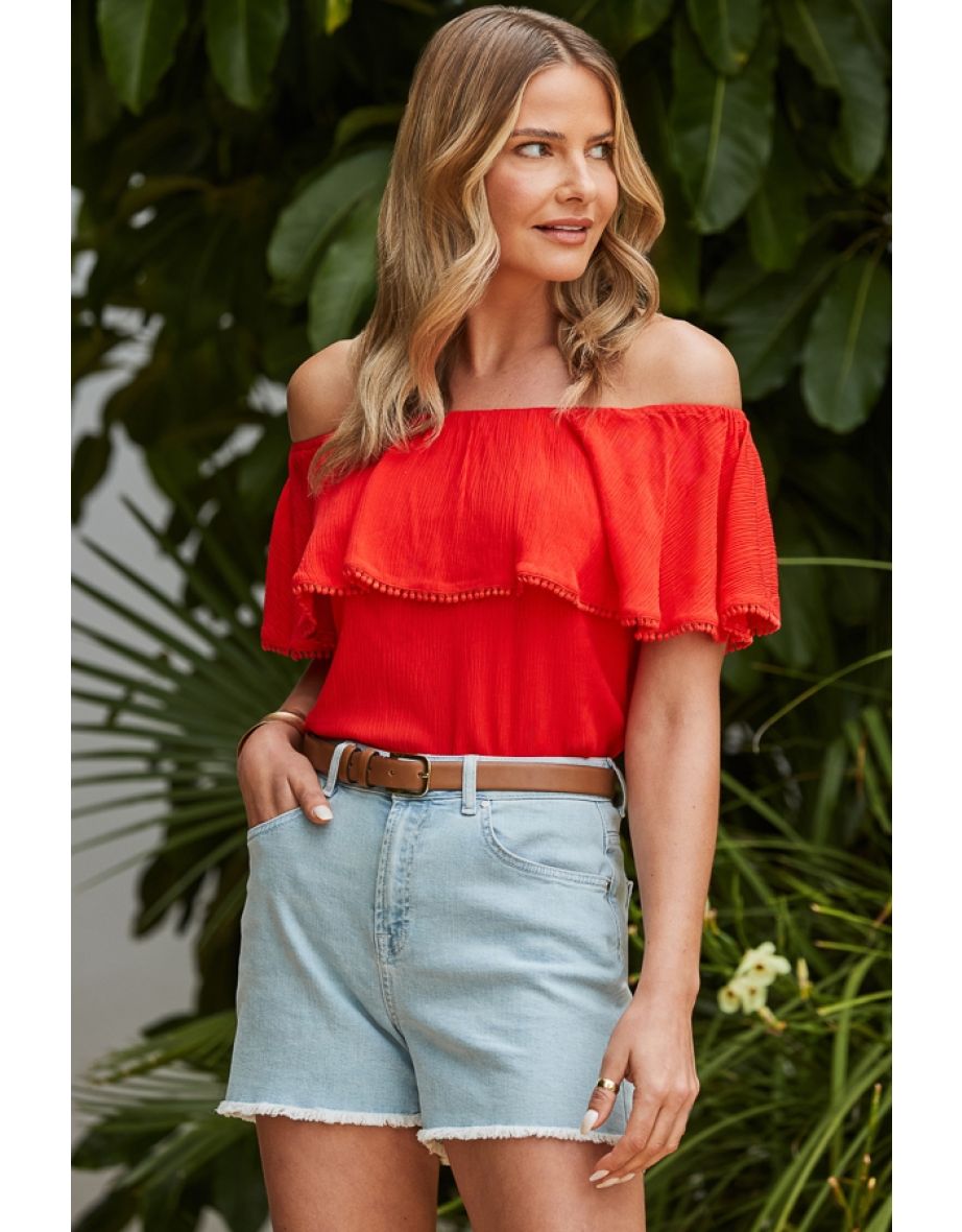 Red Frill Detail Bardot Top - 4