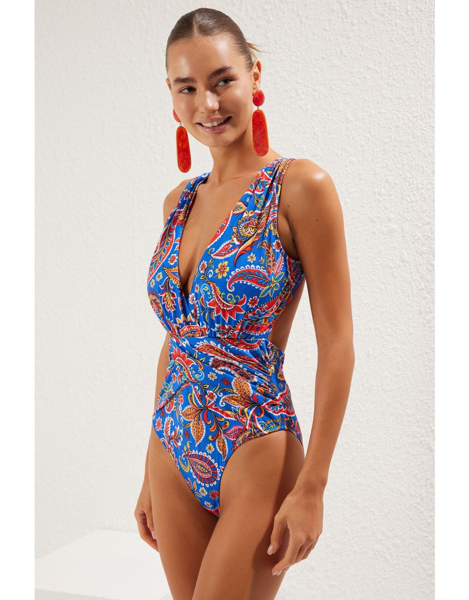 Paisley Patterned Deep Low-cut Draped Regular Core Swimsuit
