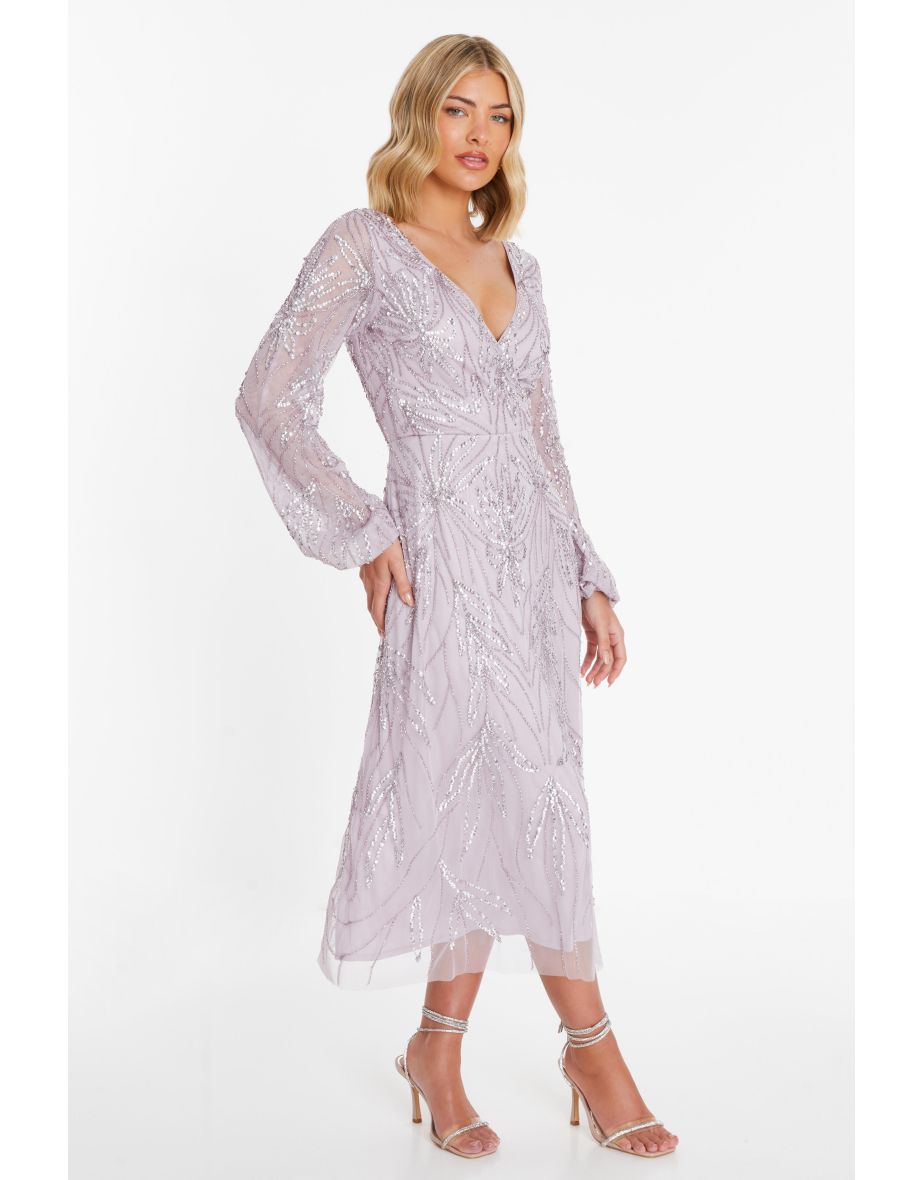 Lilac Embellished Wrap Midi Dress