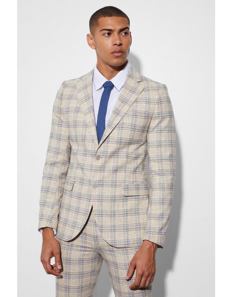 Skinny Single Breasted Check Suit Jacket - beige