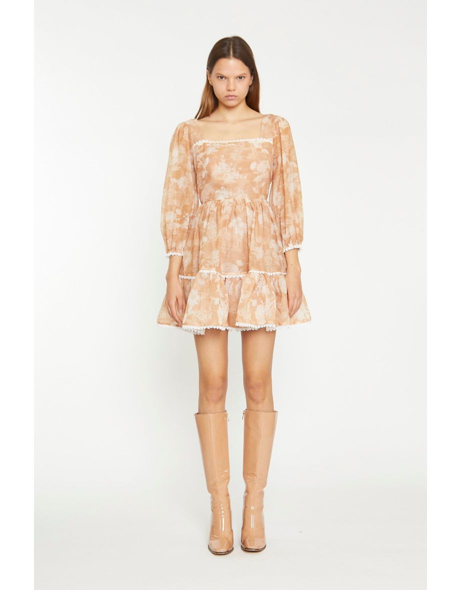 Tan White Floral Tiered Mini-Dress