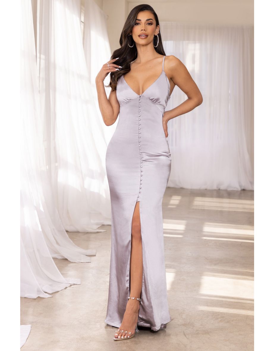 Say I Do |  Bridesmaid Taupe Button Front Detail Slip Maxi Dress