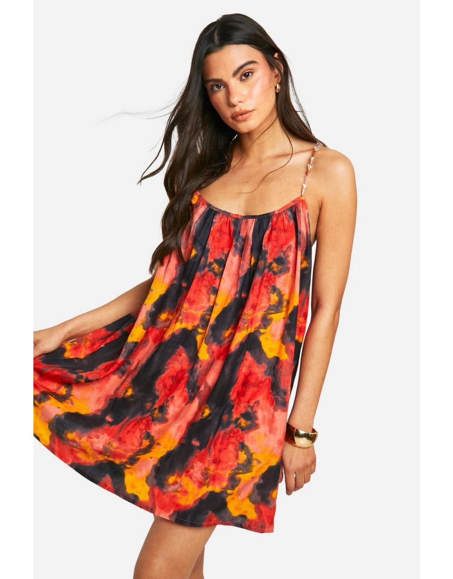 Printed Beaded Strap Linen Mini Dress - multi