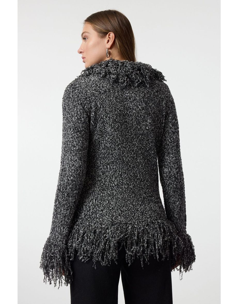 Black Fringed Coat-Look Knitwear Cardigan - 4