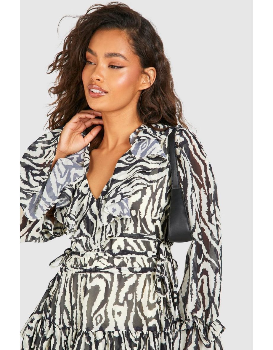 Animal Print Chiffon Ruffle Smock Dress - black - 3