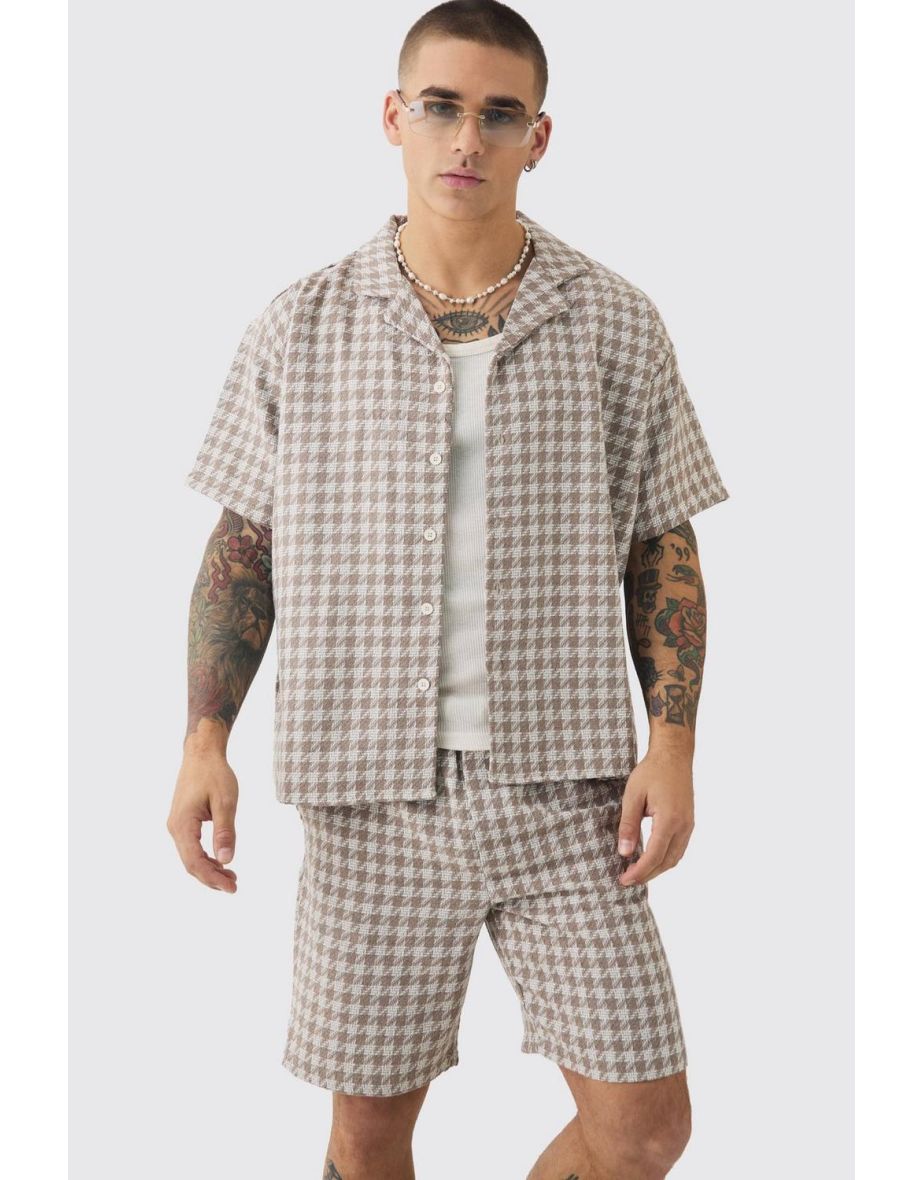Short Sleeve Boxy Linen Look Houndstooth Shirt & Short - 2