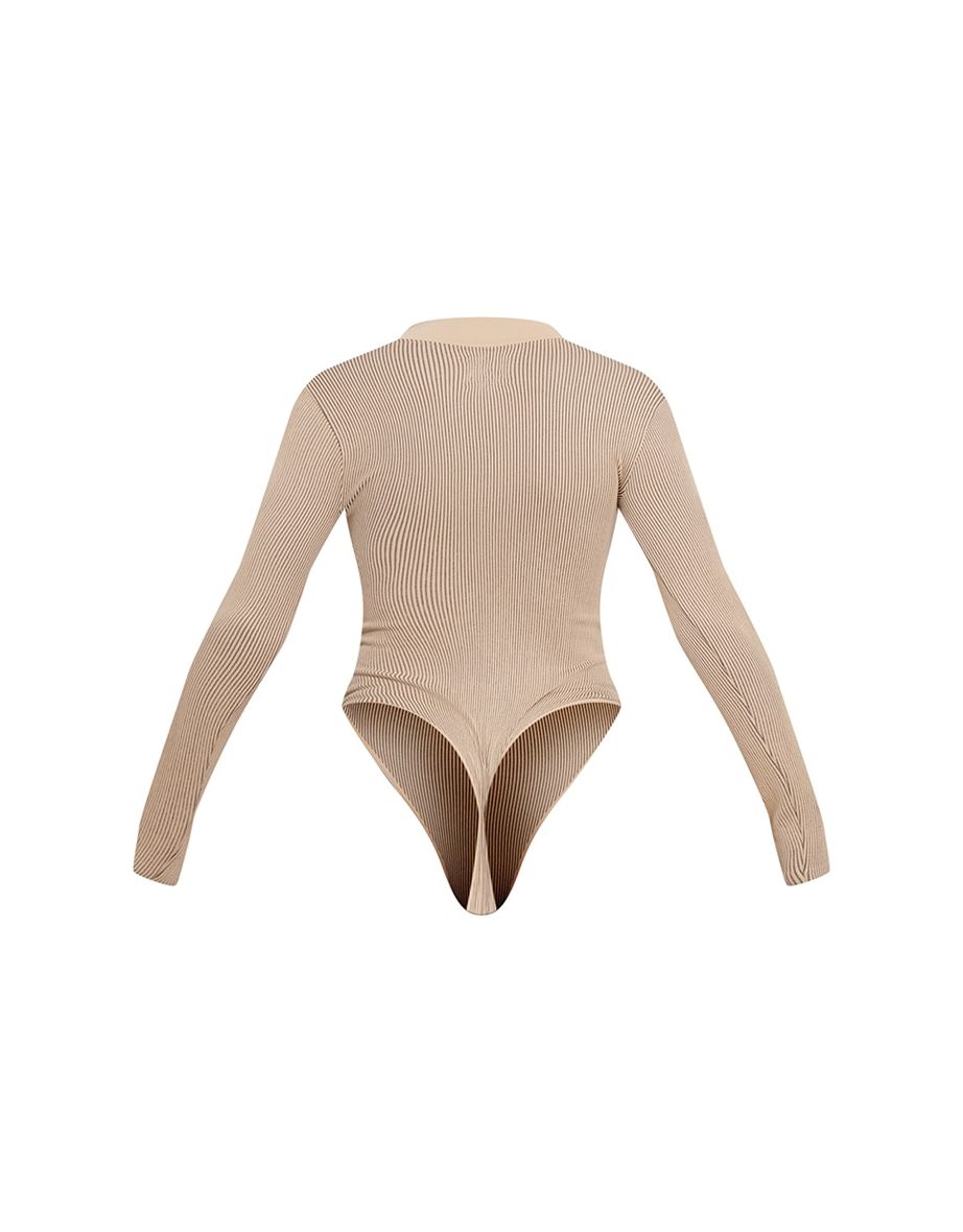 Stone Contrast Contour Rib Zip Up Long Sleeve Bodysuit - 4