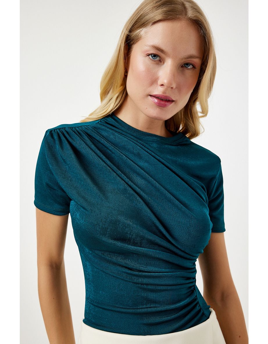 Women's Emerald Green Gathered Detailed Viscose Blouse