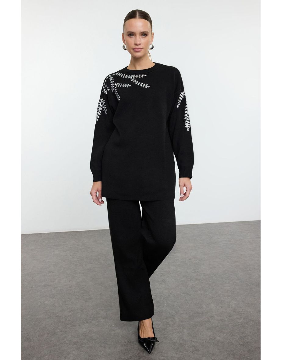Black Sequin Embroidered Knitwear Bottom-Top Set