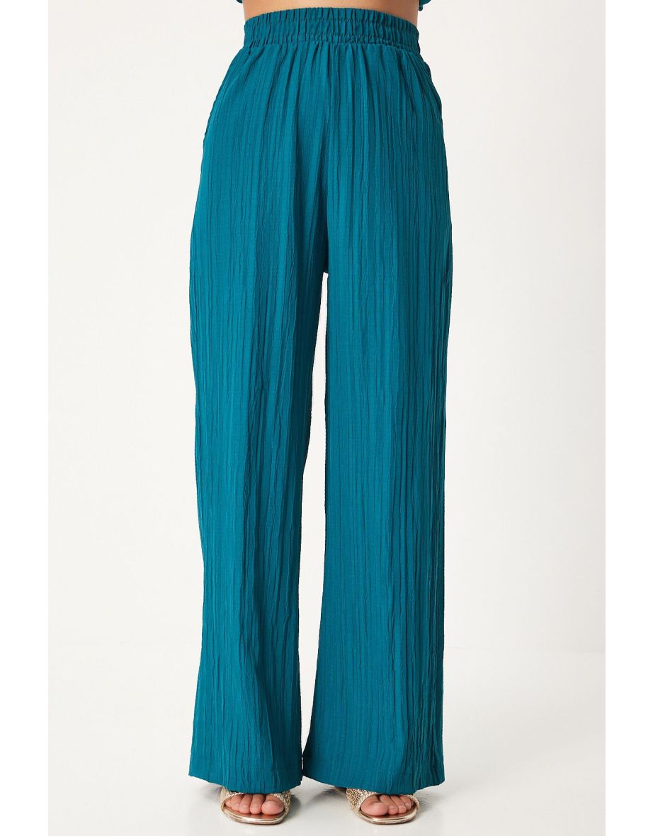 Women's Petrol Green Belted Vest Palazzo Knitted Suit - 6