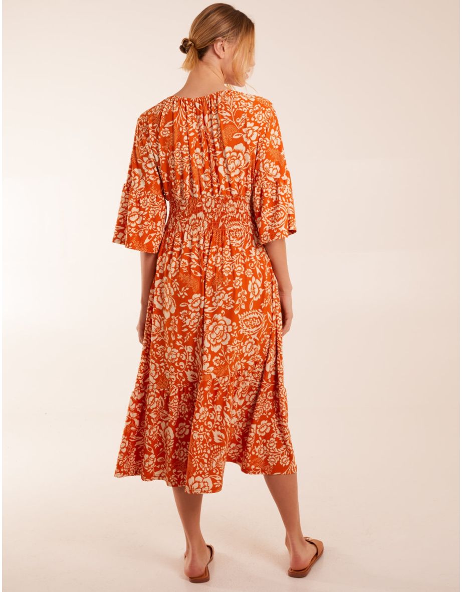 Elasticated V Neck Midaxi Dress With Tie Up Neck - 3