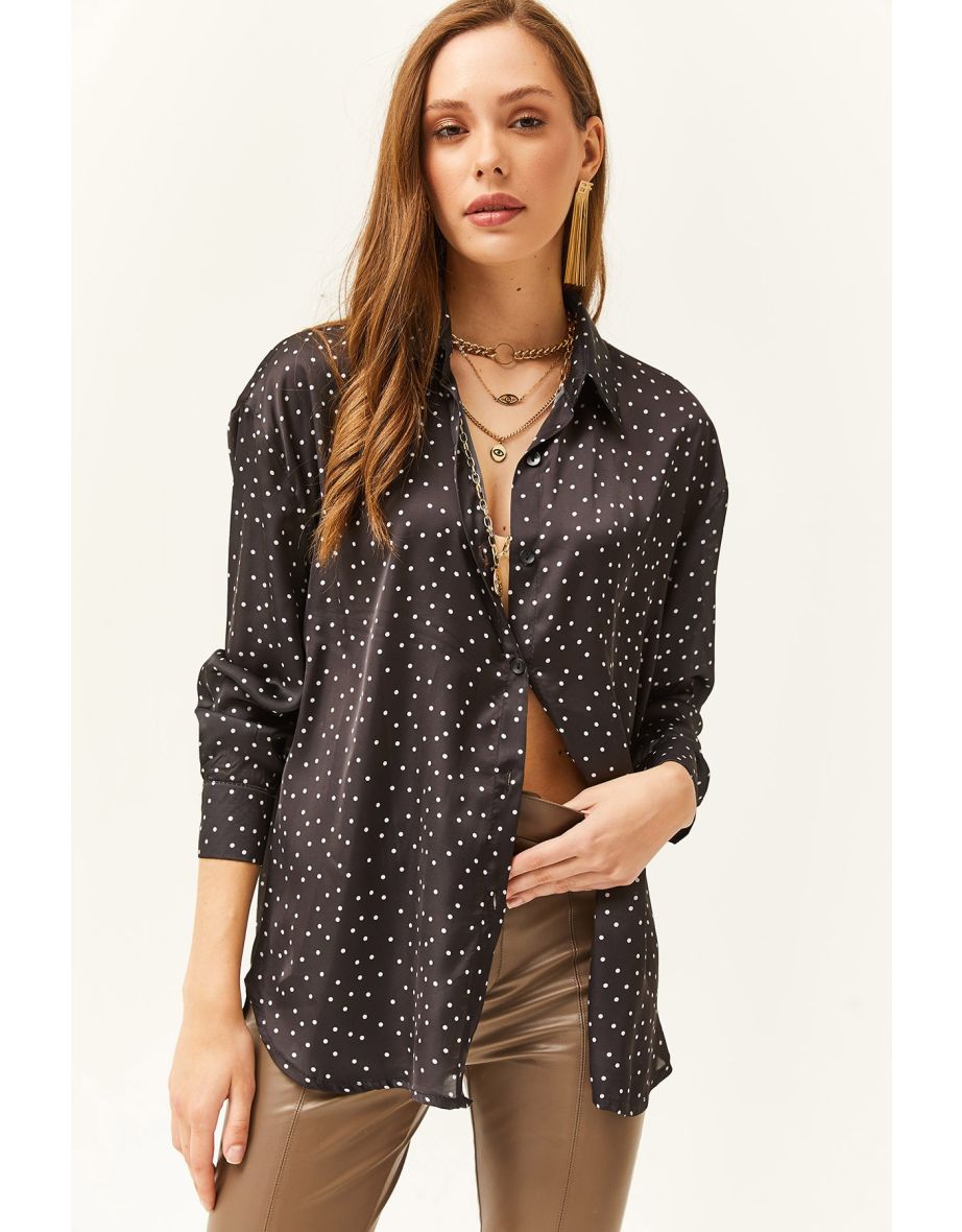Women's Polka Dot Black Patterned Oversize Satin Shirt