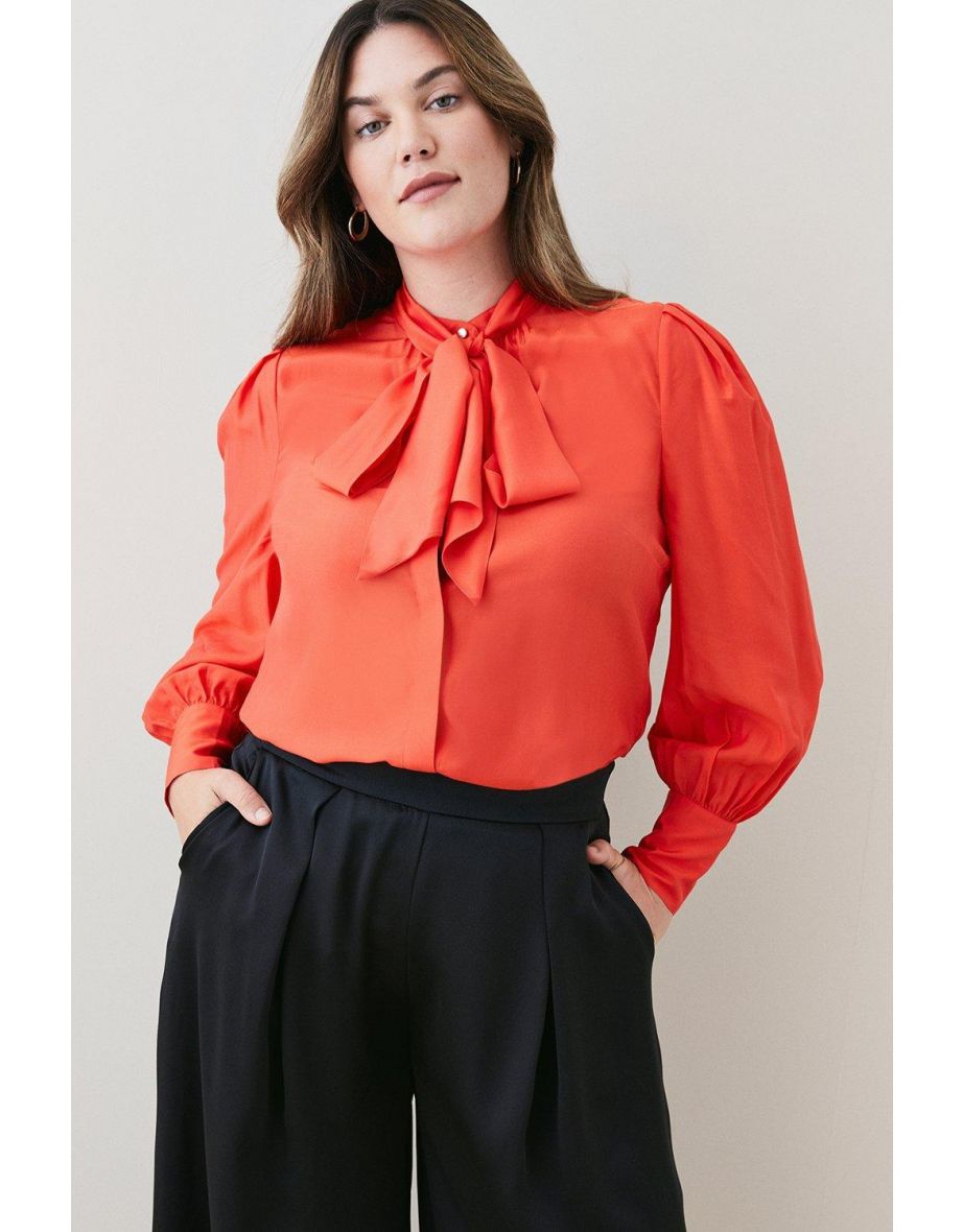 Plus Size Silk Viscose Satin Bow Shirt