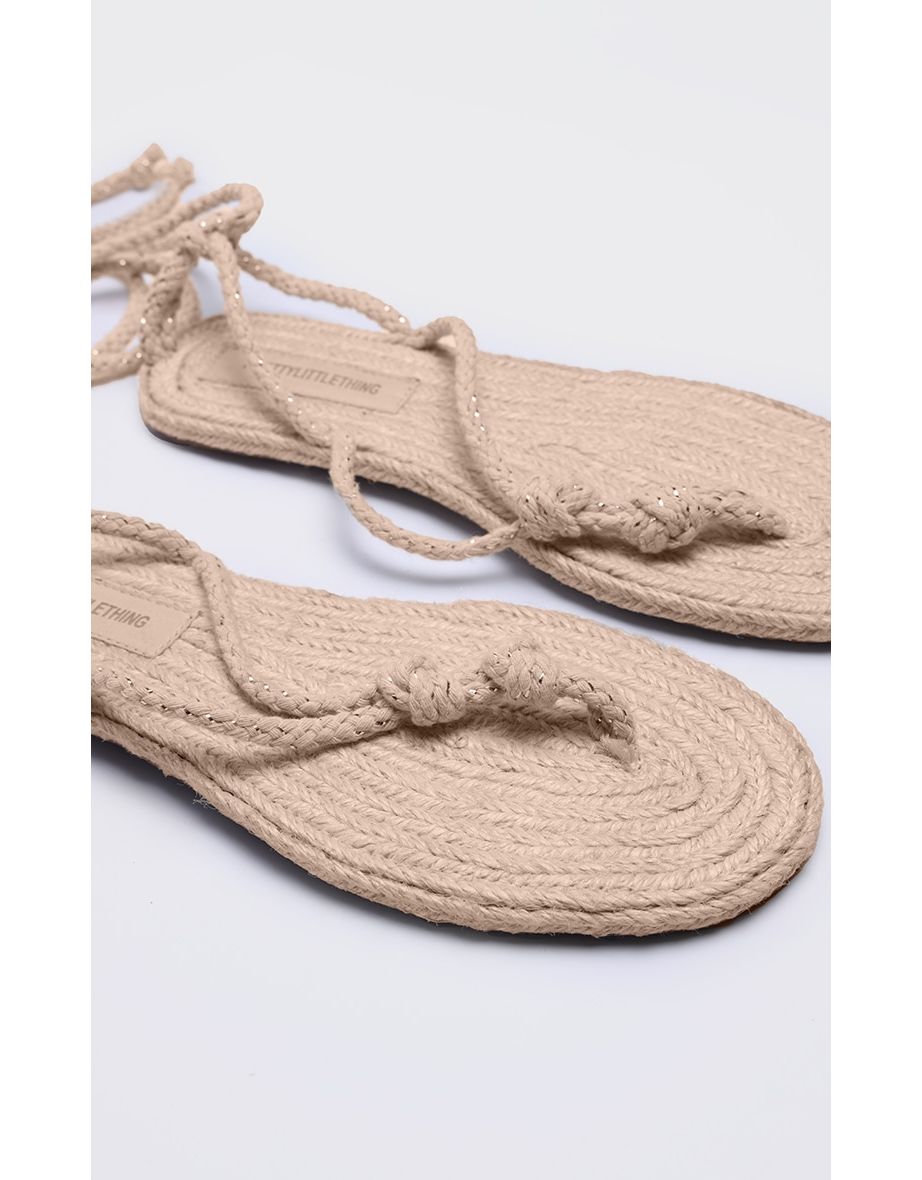Cream Round Toe Rope Lace Up Toe Thong Flat Sandals - 3