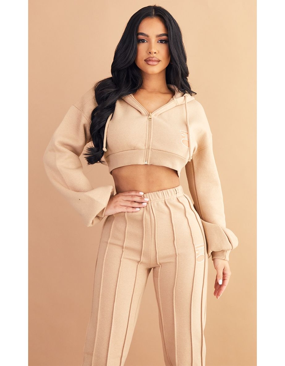 Shop Petite Sand Cropped Zip Up Slogan Hoodie Online in Qatar VogaCloset