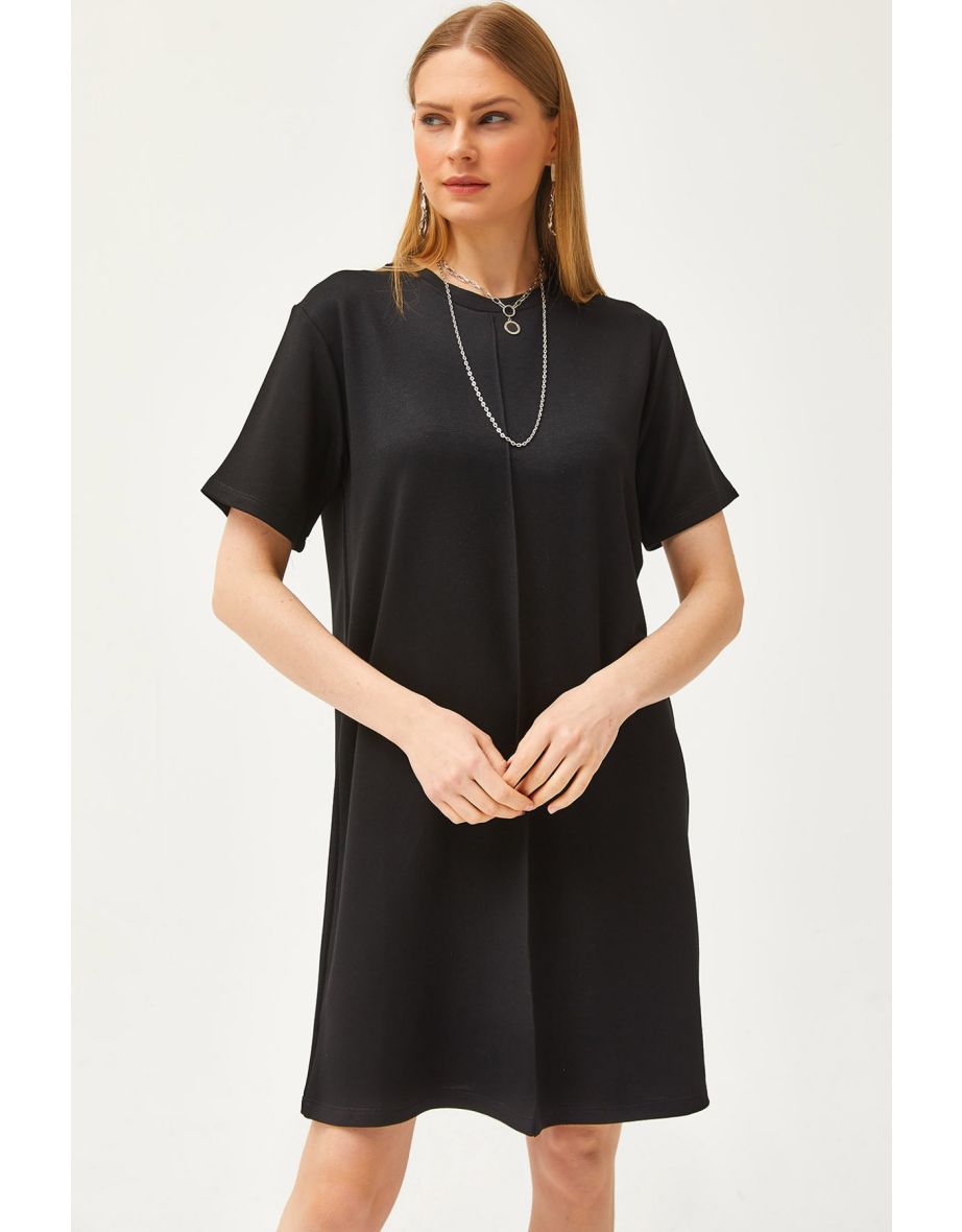 Women's Black Stitched Front Soft Textured Mini Dress